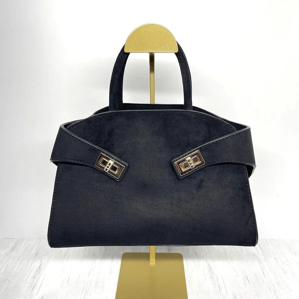Urban Expressions Classic Black Faux Suede Top Handles Hug Style Buckle NO STRAP